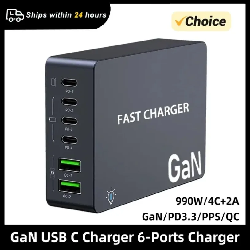 

GaN 6-Ports 990W USB C Charger Desktop Charger Type C PD 100W PPS Fast Charging Station for Laptop Tablet MacBook Samsung iPhone