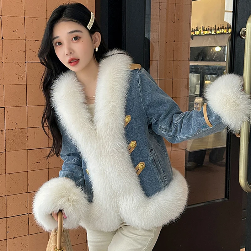 2023 Denim Down Jacket Women's Winter Short New High Quality Splicing Fox Fur Metal buckle 90%White Duck Down Warm Real Fur Coat