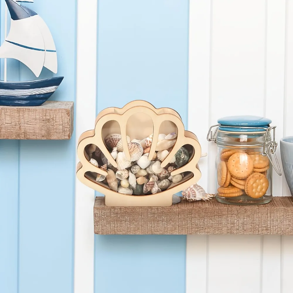 Shell Shaped Wooden Seashell Display Box Beach Themed Desktop Storage Holder for Sea Shell Stones Beach Home Decorative Ornament