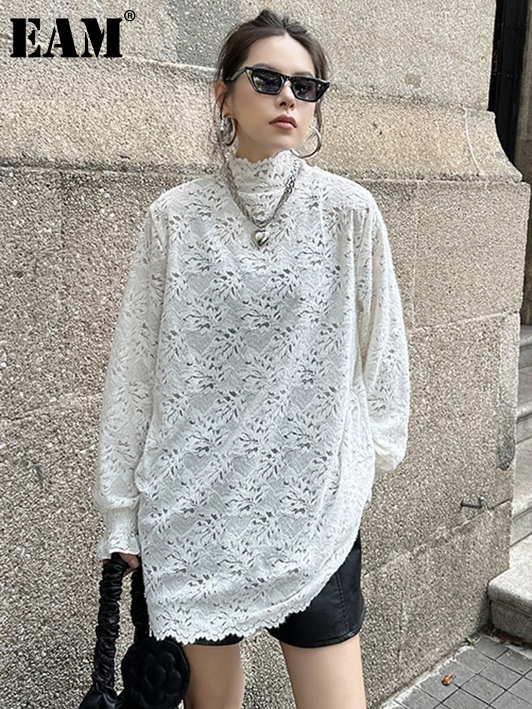 [EAM] Women White Lace Elegant Big Size Casual T-shirt New Turtleneck Long Sleeve Fashion Tide Spring Autumn 2024 1DH7910