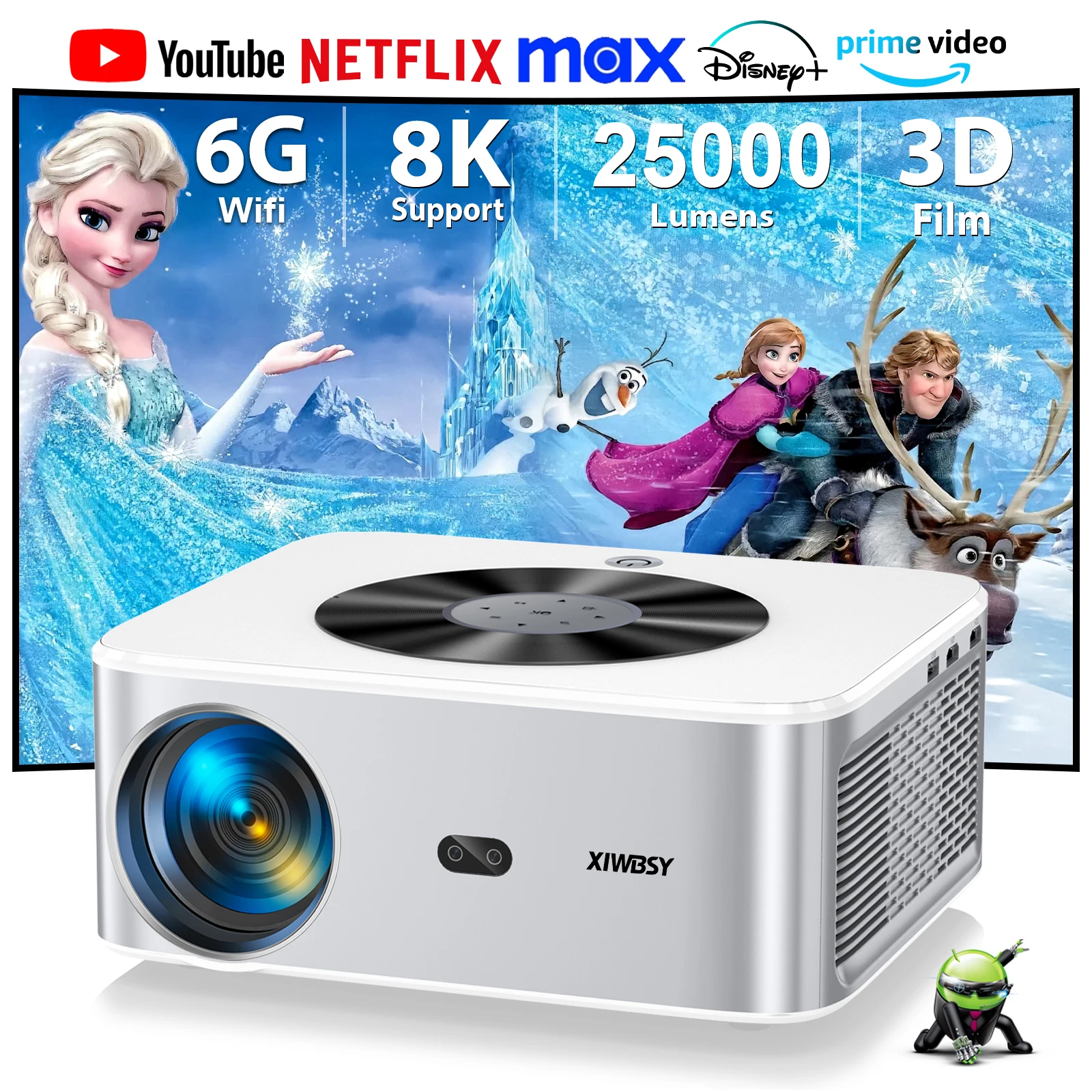 XIWBSY 1000Ansi AutoFocus Projector Bluetooth5.2 Android Projector 4K 8K Decode Video Audio Home Theater Portable Proyector