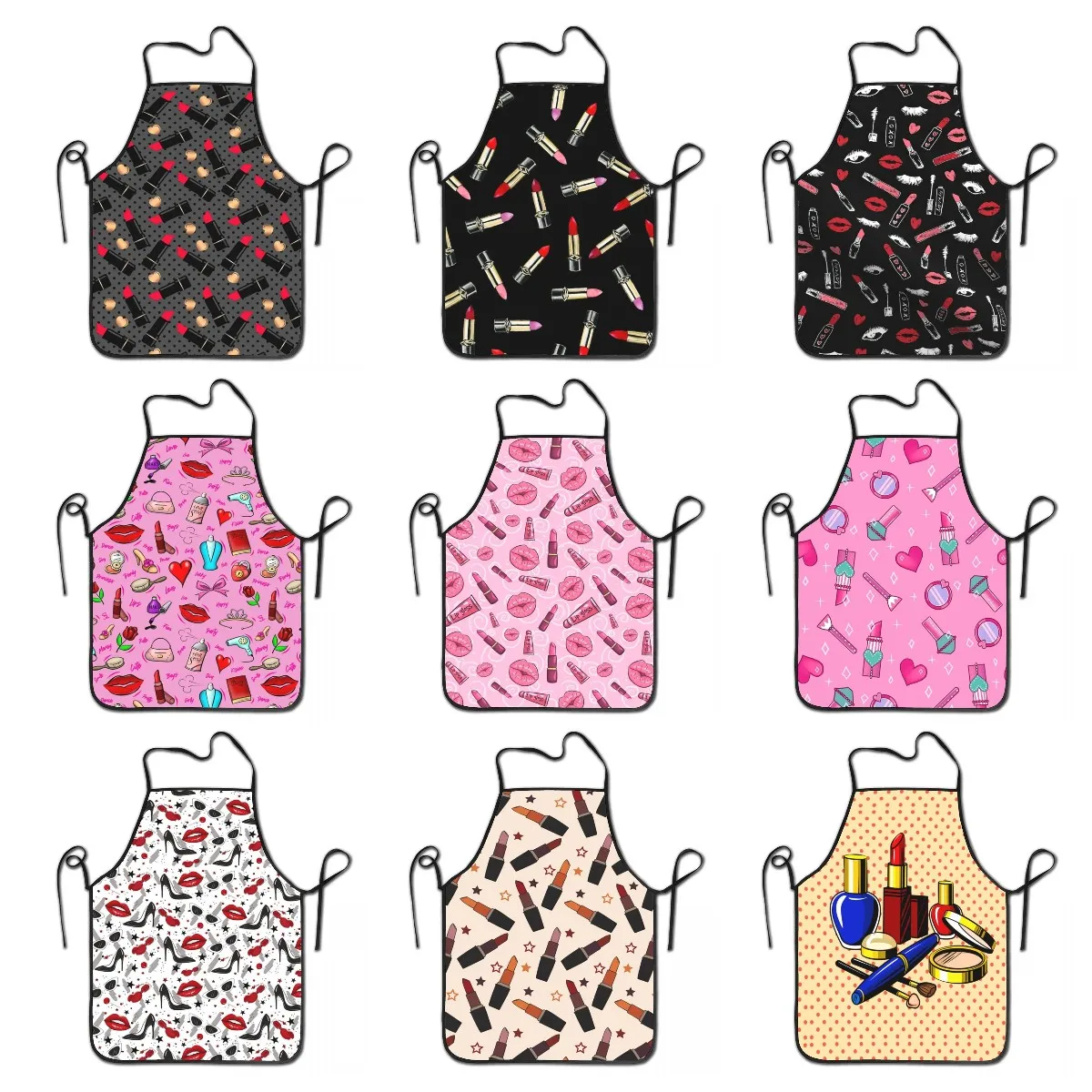 Unisex Polka Dot Lipstick Pattern Bib Apron Adult Women Men Chef Tablier Cuisine for Kitchen Cooking Makeup Artist Painting