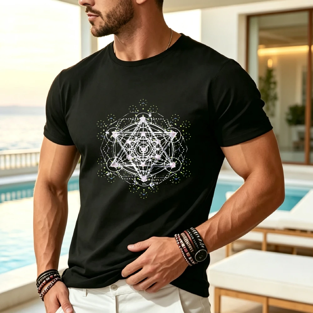 Men'S Metatron Cube Sacred Geometry Oversize T-shirt | 100 Breathable Lightweight Spiritual Yoga Short Sleeve Tee with Black Print Design Casual Round Neck Style for All Seasons