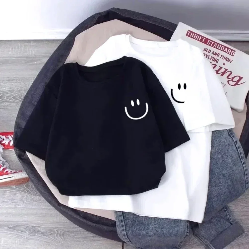 Girls Smiling Face T-Shirt Soft Cotton Loose Fit Kids Tees Summer Kawaii Casual Short Sleeve Top