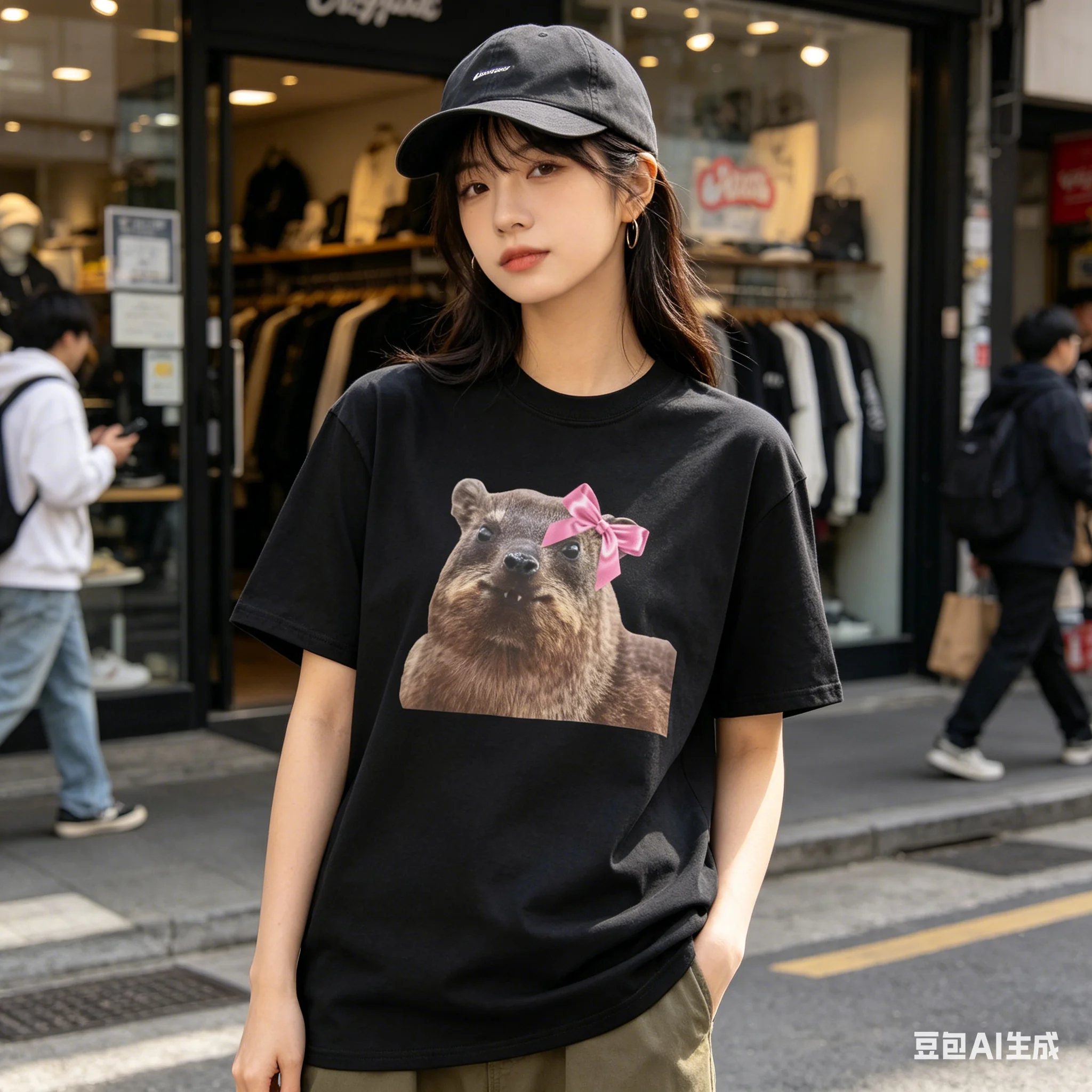 Women's Hyrax Awawa T-shirt with A Cute Round Neck and Rabbit Pattern, Featuring A Short-sleeved Top with A Bow Tie.Personality