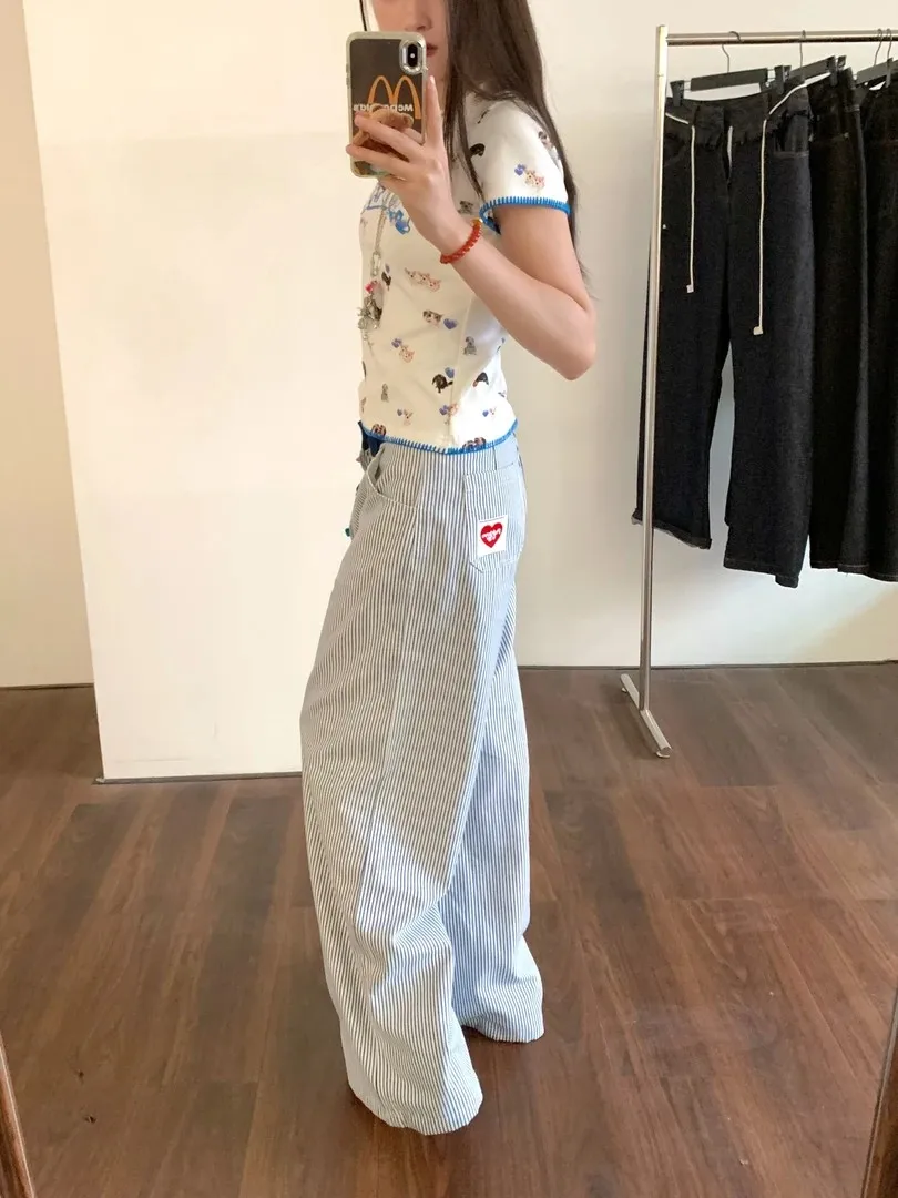 

Retro American Blue Striped Casual Pants Men Women Lightweight Summer Breathable Elastic Waist Straight Leg Polyester Fiber