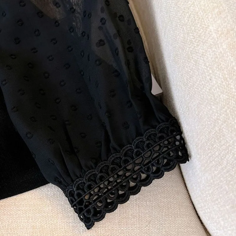 Black Lace Blouse for Women Elegant Design Ladies Spring Sheer Outwear Clothing Solid Simple Fashion All-match Korean Style Chic