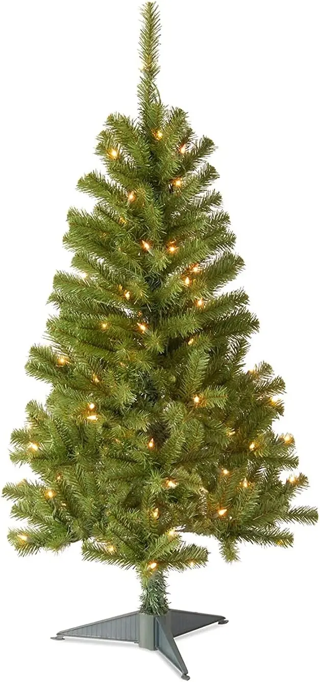 Mini árbol de Navidad artificial de abeto canadiense preiluminado de 4 pies, 100 luces transparentes, 230 puntas, incluye soporte, verde