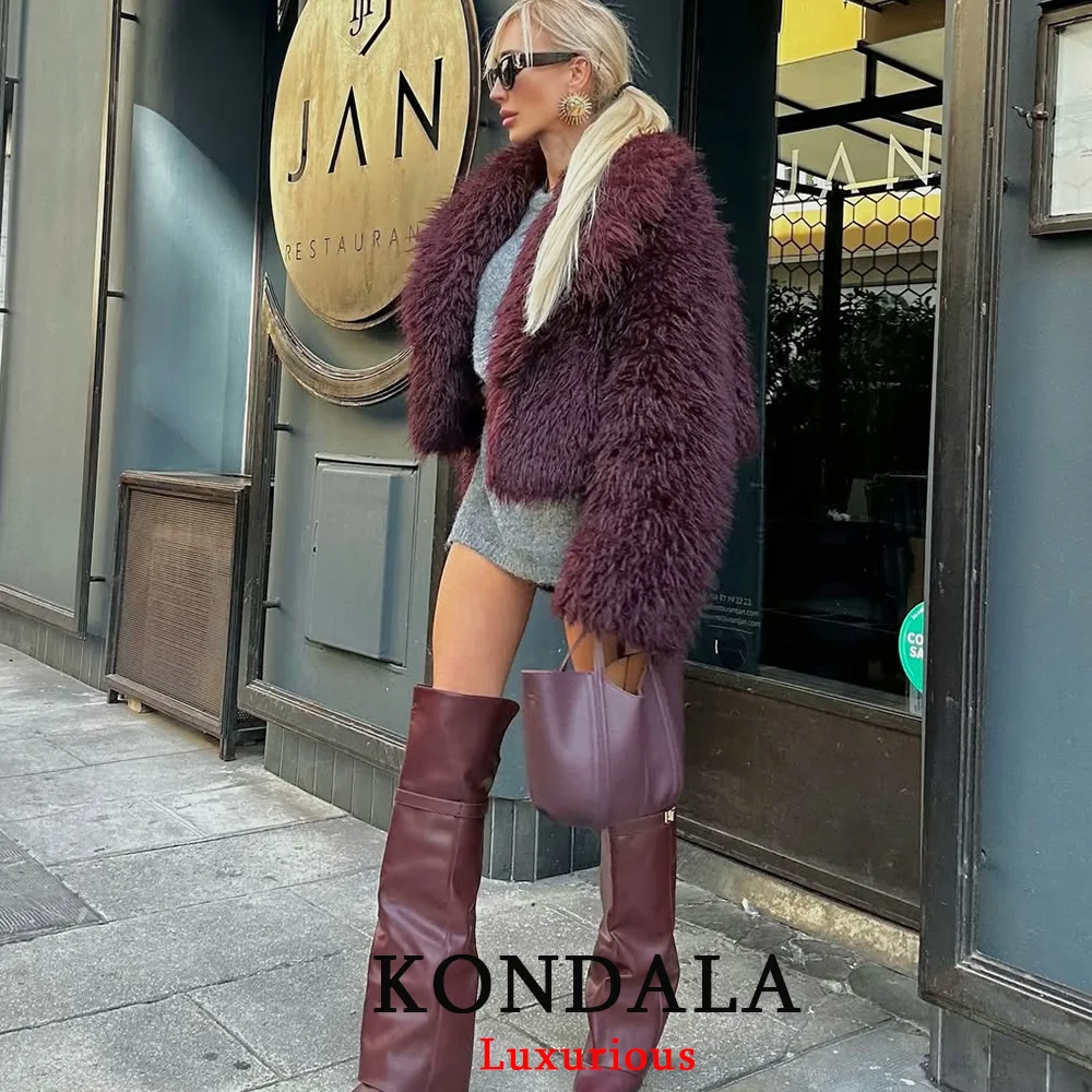 KONDALA سترات نسائية أنيقة غير رسمية باللون الأحمر البوردو بأكمام طويلة معاطف قصيرة وسميكة وناعمة موضة خريف وشتاء 2025 ملابس خارجية #5