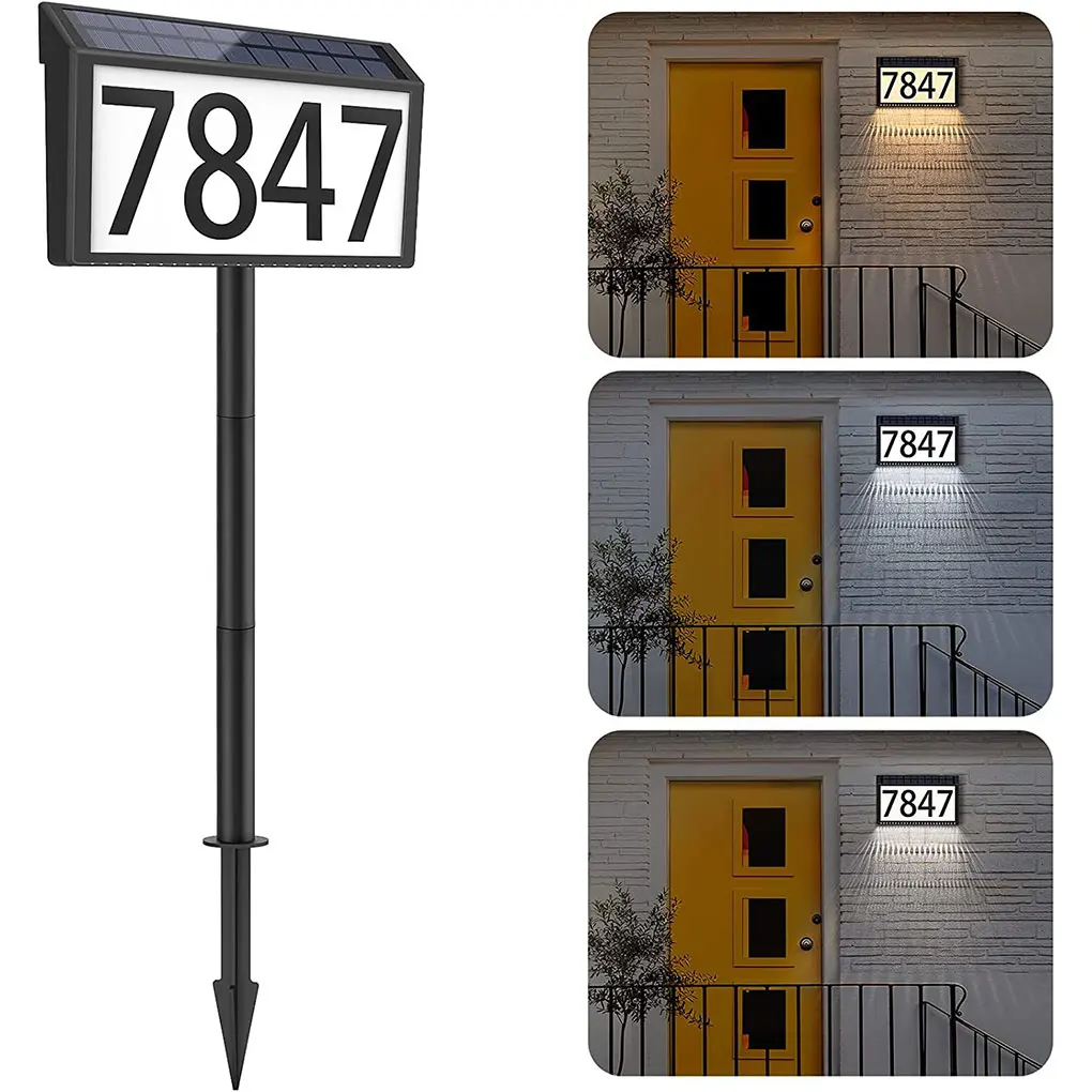 Impermeável Solar Powered Address Sign, House Numbers, Modos de iluminação de 3 cores, LED iluminado, Placa com estacas, Home Decor