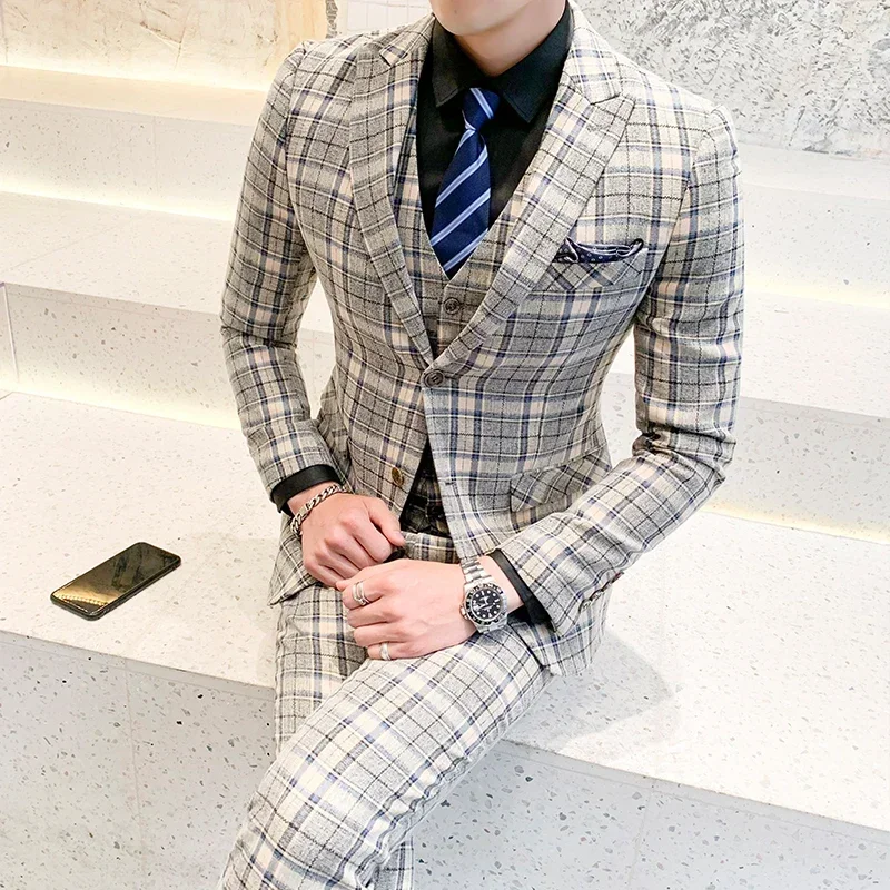 ( Jackets + Vest + Pants ) New Fashion Boutique Plaid Mens Casual Business Suit Groom Wedding Dress Suit 3pces Set Male Blazer