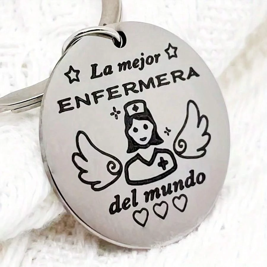 Stainless Steel Nurse Keychain, Angel Design with Spanish "The Best NURSE in The World" Engraving, Ideal Gift for Nurses view 3