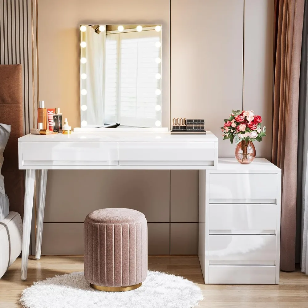 

Vanity Desk with 5 Drawers, Makeup Table with Reversible Drawer Cabinet Printer Stand, Modern Computer Desk Dressing Table