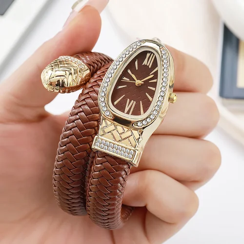 Relojes de cuarzo con forma de serpiente para Mujer, Reloj de pulsera con esfera romana y diamantes de imitación de lujo, Reloj para niñas