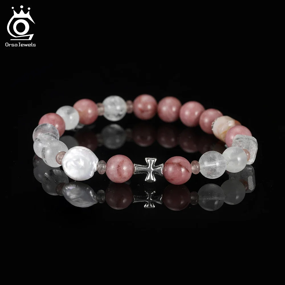 

ORSA JEWELS S925 Natural Stone Opal Agate Beaded Bracelet with Elastic Chain Cross Spiritual Crystal Bracelet Jewelry GMB96