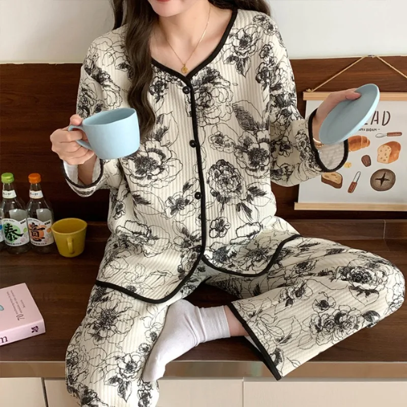 Thickened Warm Pyjamas Set for Women Long Sleeve Letter Cherry Print Print Student Loungewear Large Size 2 Piece Set Nightwear
