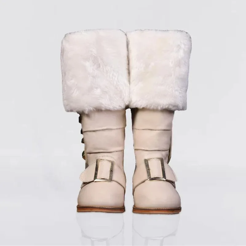 Herren Weihnachts-Weihnachtsmann-Stiefel mit Weitem Schaft, Kampfstiefel mit Weißem Plüschfellbesatz und Goldener Schnalle für Halloween-Cosplay-Kostüm – Detail 17