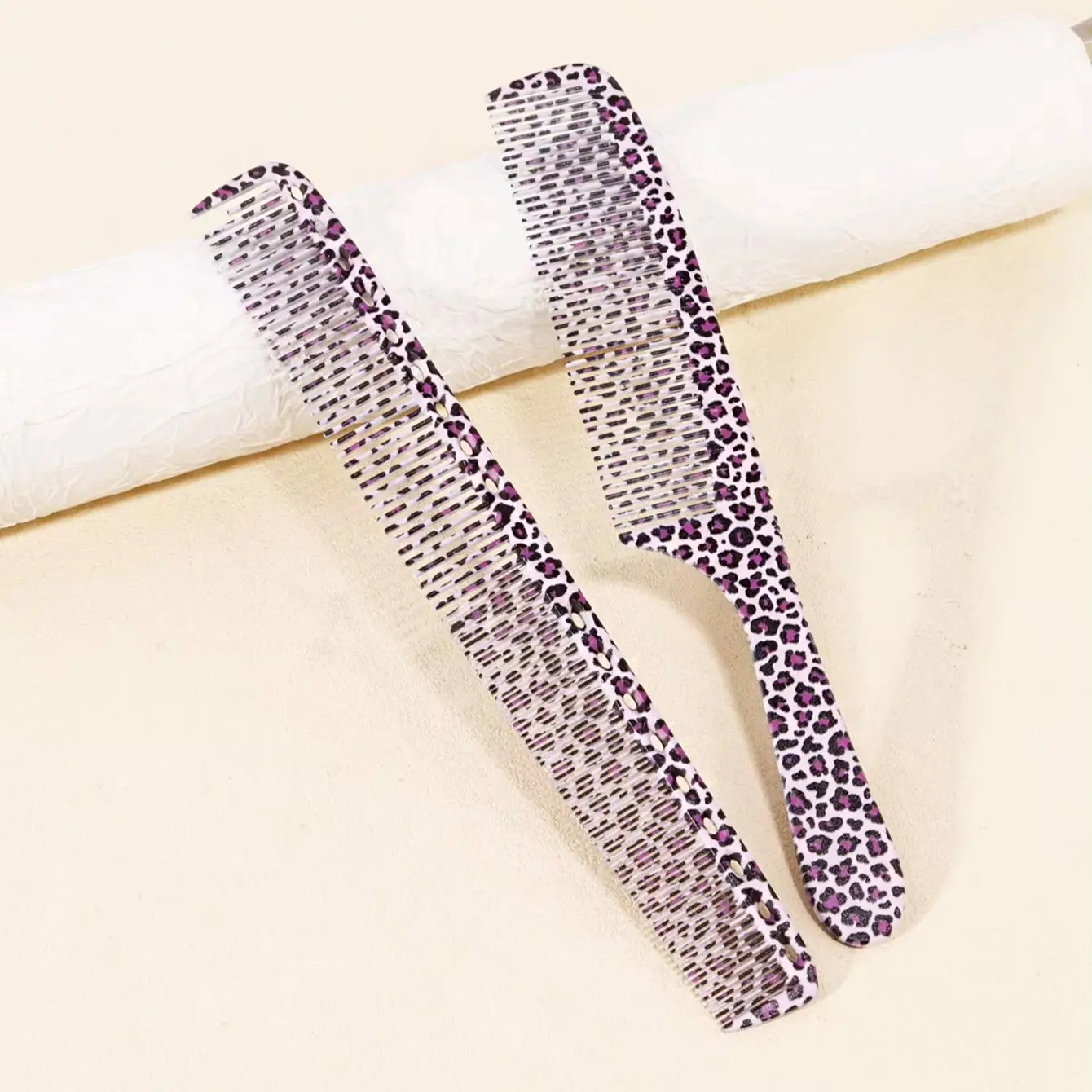 2pcs professional hair comb set, pink leopard print pattern, dense toothed straight hair comb, Special for Real Hair Wigs