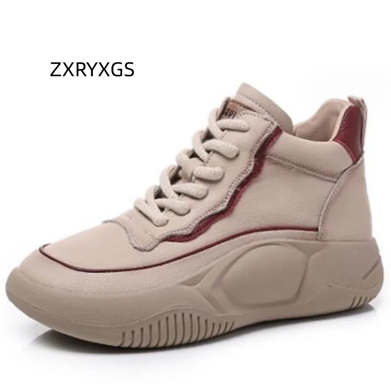 

ZXRYXGS 2023 Top Layer Cowhide Spell Color Light Sneaker Single Shoe Thick Sole Lace Up Student Trend Boots Women's Casual Shoes