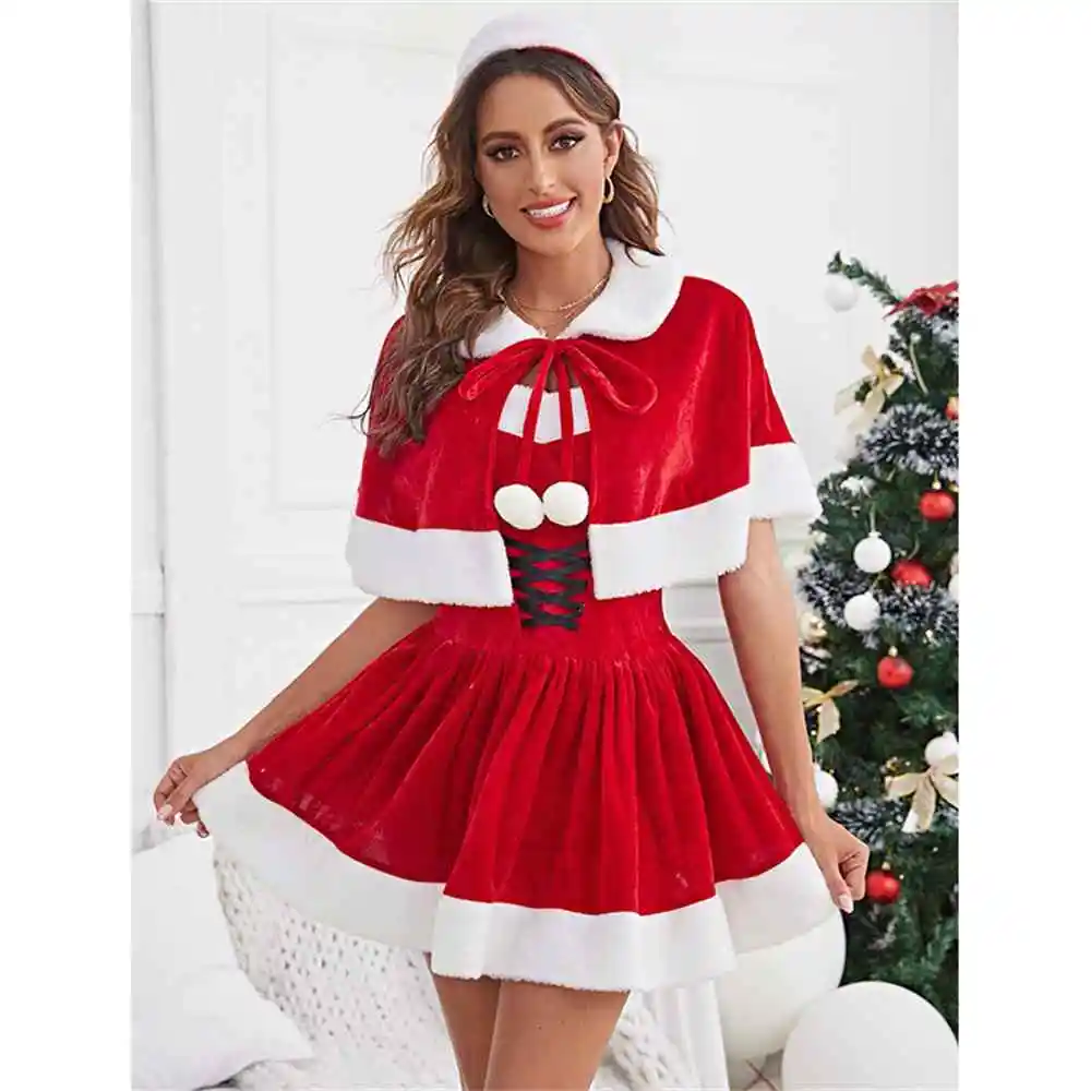 

Wholesale Women's Red Christmas Party Dress Up Cosplay Dress Lady Xmas Off-shoulder Roleplay Santa Costumes Velvet Outfit