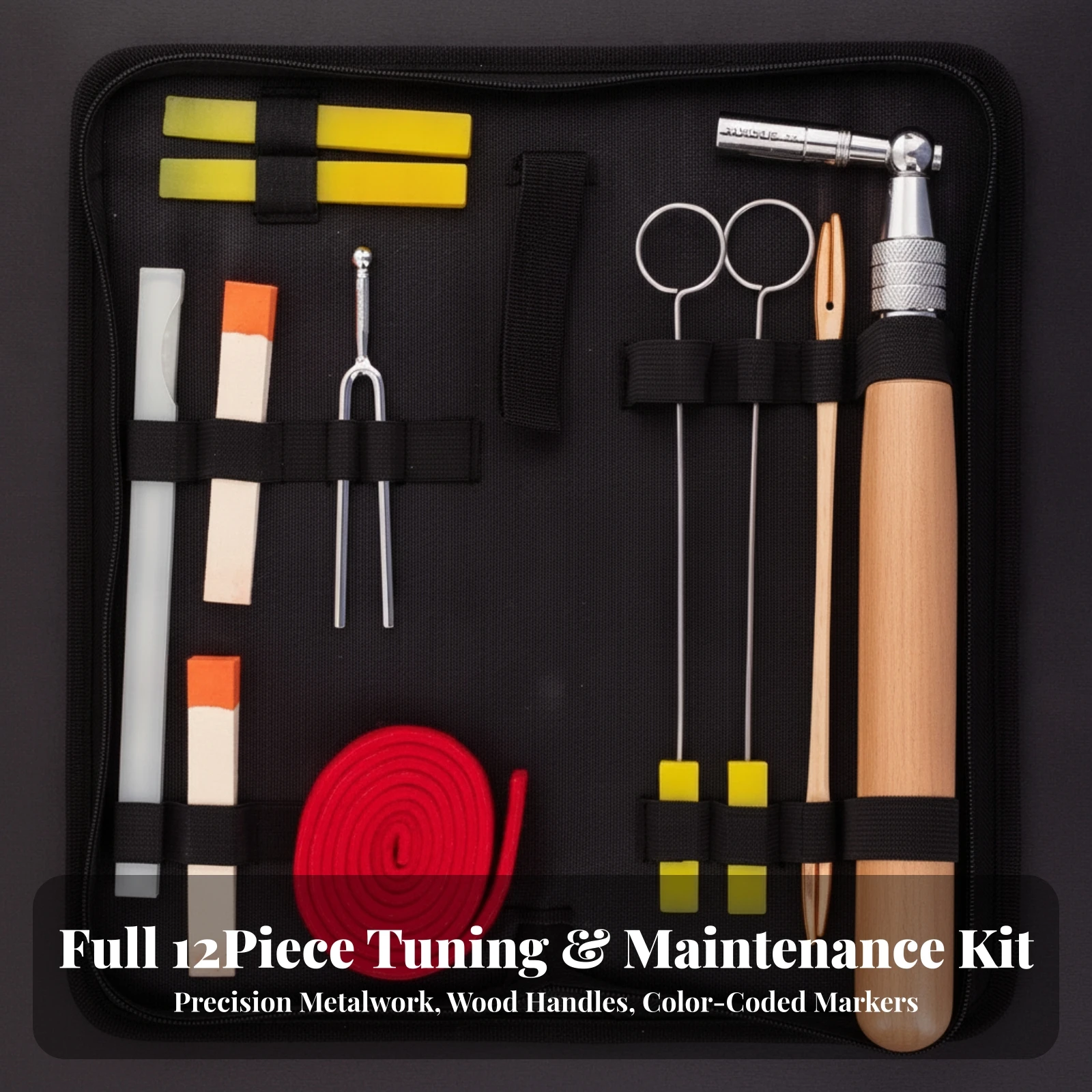 12 Pieces Piano Tuning Kit Ergonomic Piano Tuning Kit with Case Mute Strip Zippered Robust for Tuners, Upright Pianos