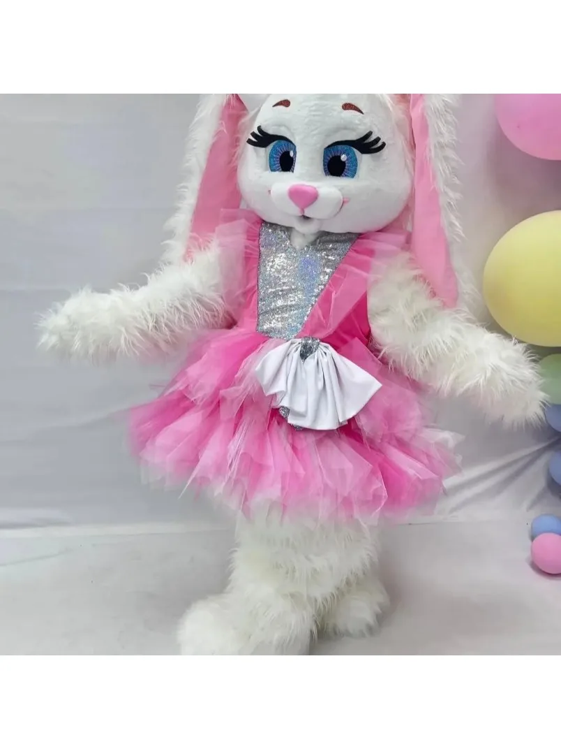 Rosa Kleid Weißes Langes Fell Kaninchen-Maskottchen-Kostüm Niedliches Osterhäschen Cartoon-Laufpuppe Weihnachtsbühnen-Performance-Requisiten