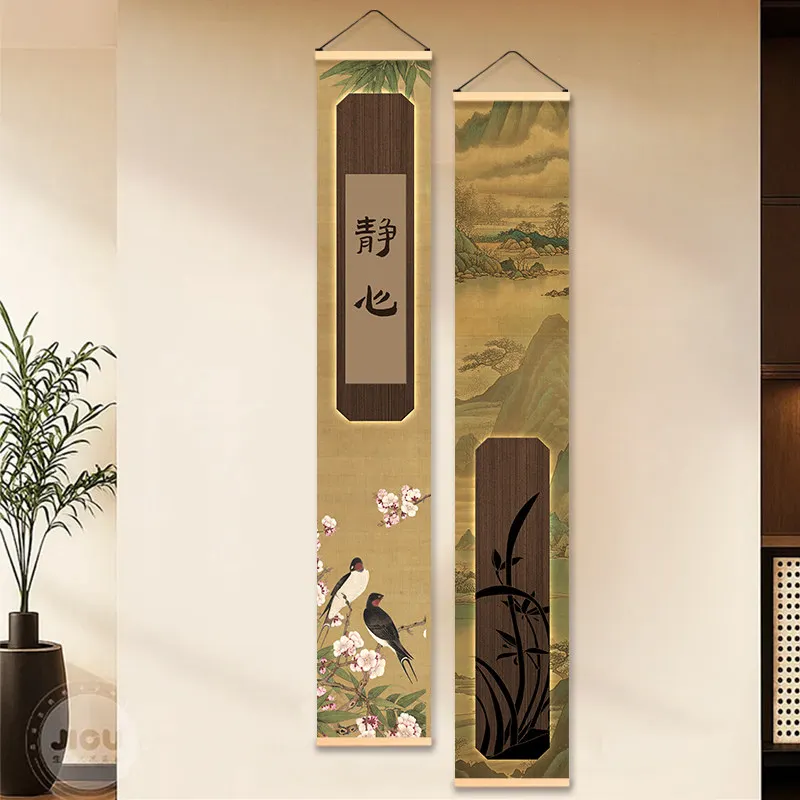 Wall Art Chinese Calligraphy Floral Botanical Vintage Pearlescent Canvas Hanging Scroll with Wooden Rods for Study Hallway Decor