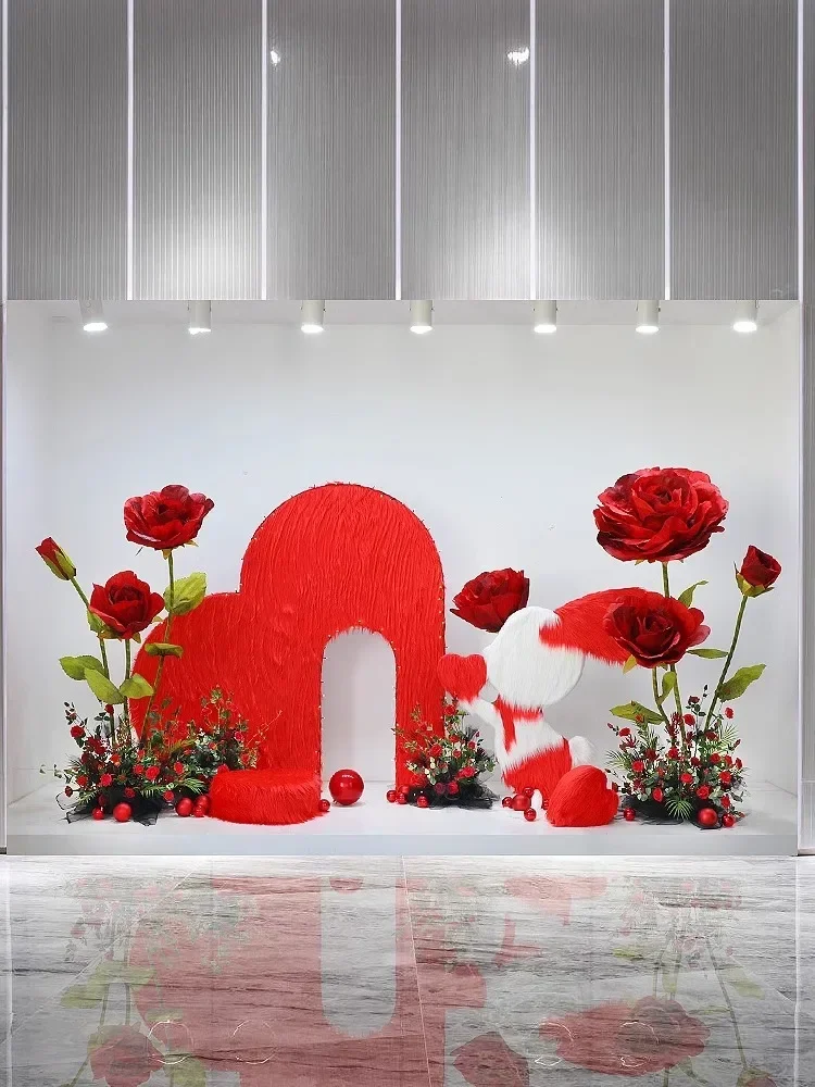 decorative artificial flower oversized rose layout shopping mall Meichen window clothing store decoration scene layout