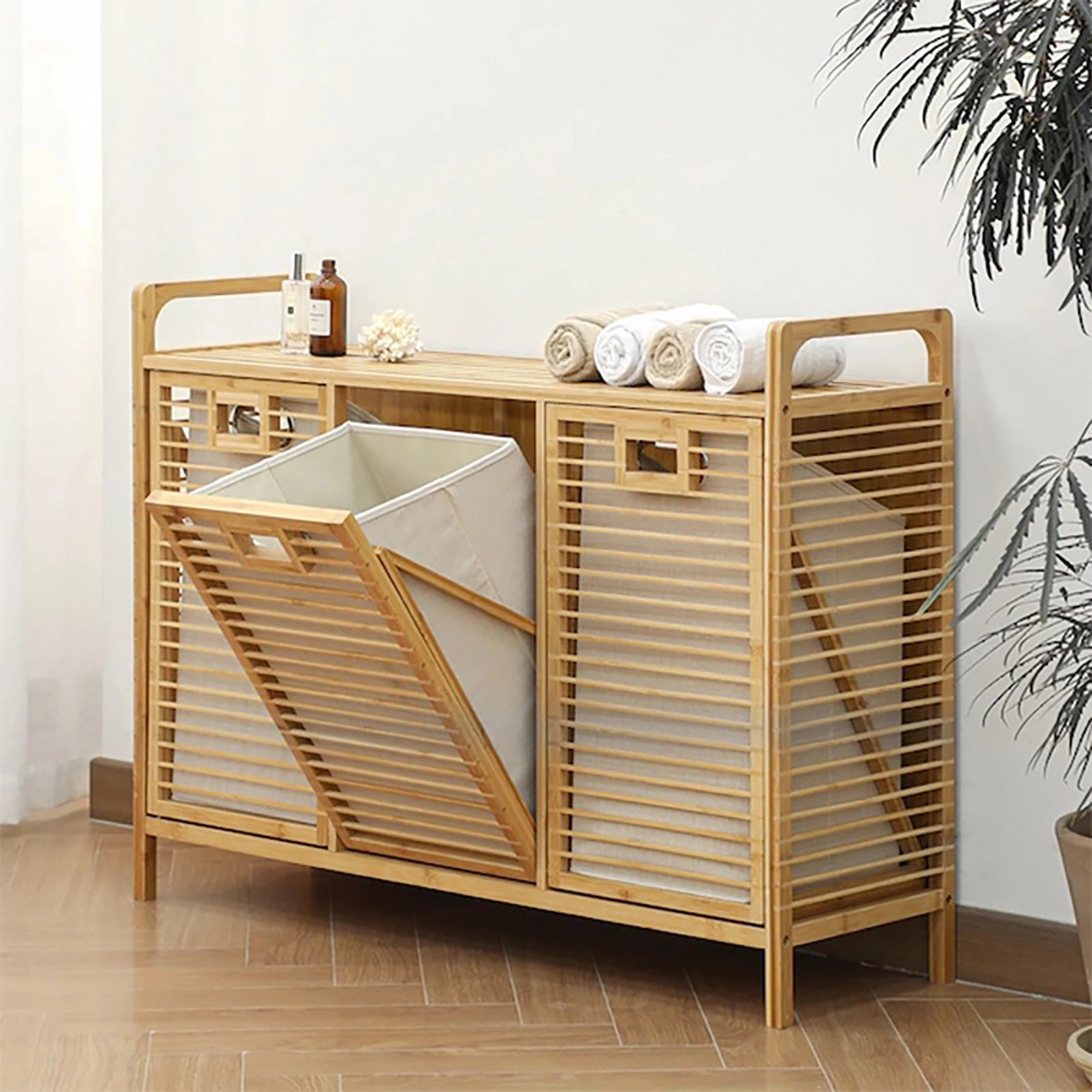 

Modern Light Wood Color Laundry Storage Cabinet, Laundry Clothe Baskets Cabinet, Bamboo Laundry Basket Cabinet