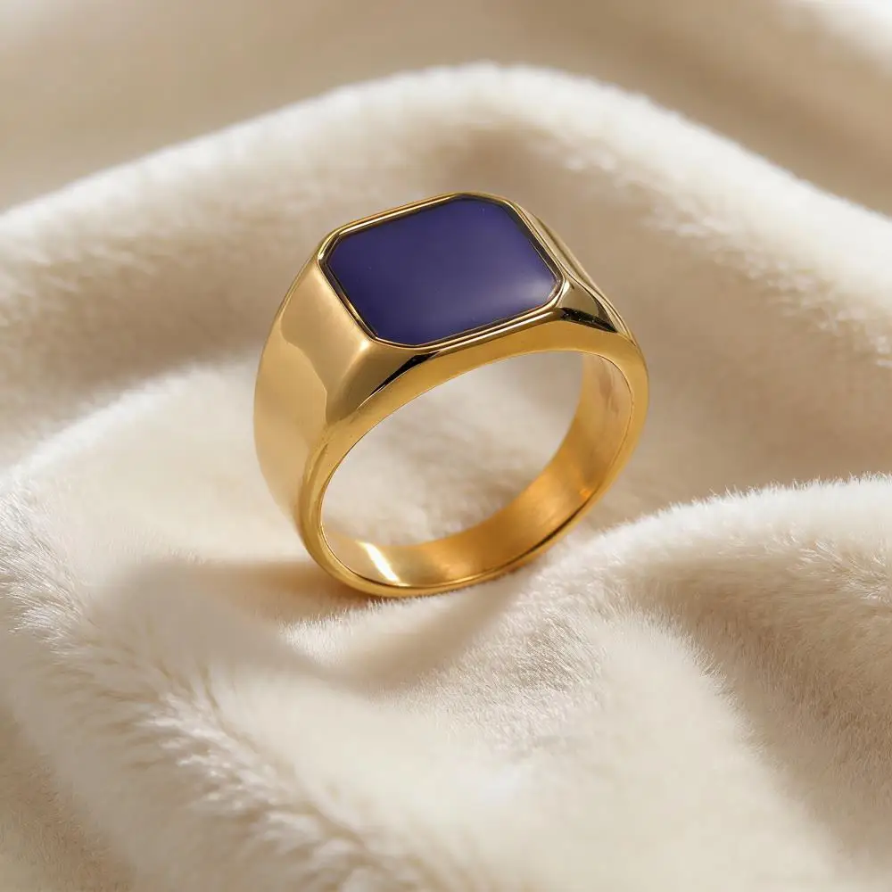 Gold Color Square Stainless Steel Rings For Men Women Vintage Purple Enamel Female Male Couple Engagement Wedding Bands Jewelry