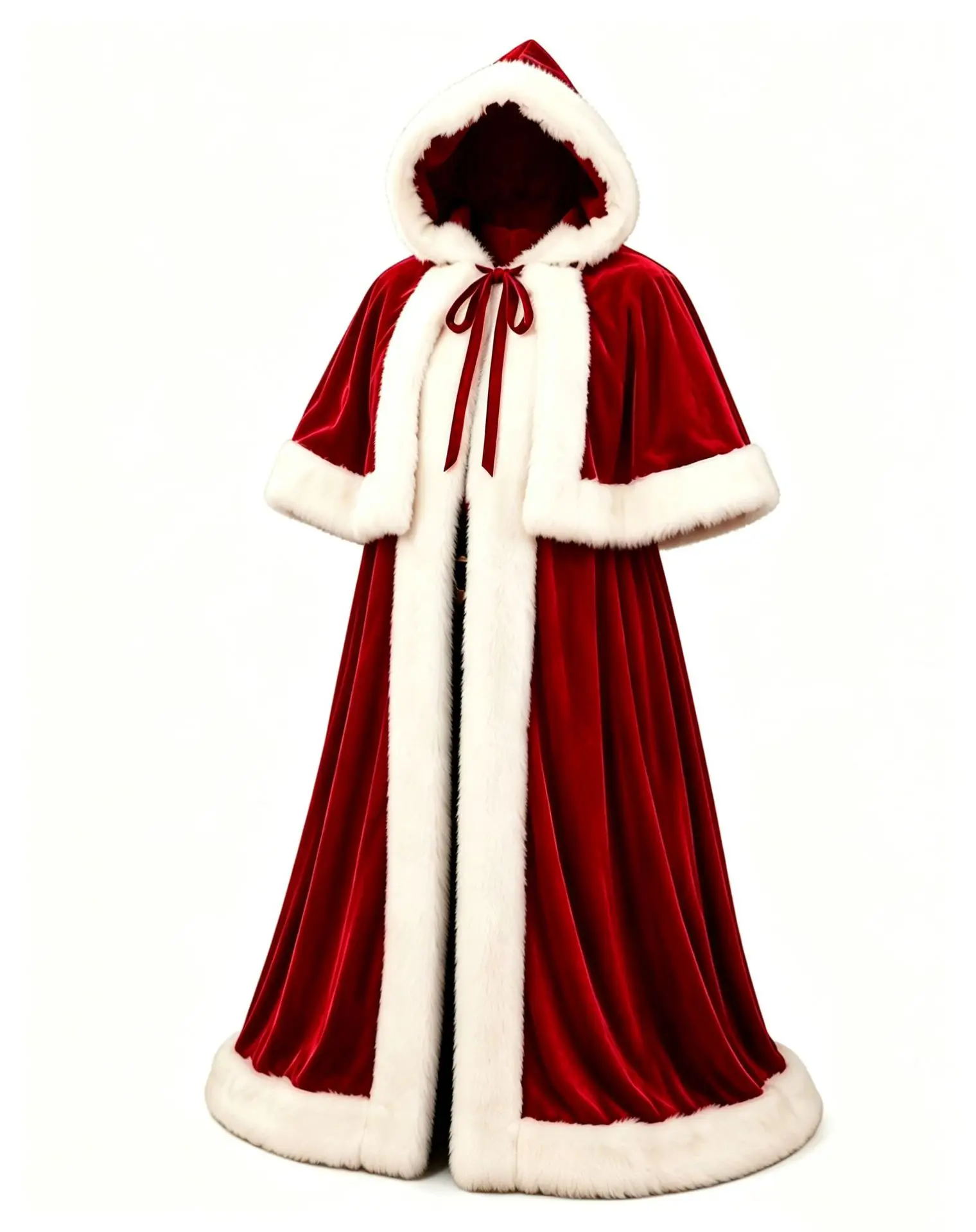 Luxuriöser Samt-Weihnachtsumhang mit Kapuze, weißer Kunstfellbesatz, langer Mantel, Weihnachtsmann, für Erwachsene, Herren, Damen, Weihnachtsbühnen-Party, Cosplay, Cape-Kostüm – Detail 3