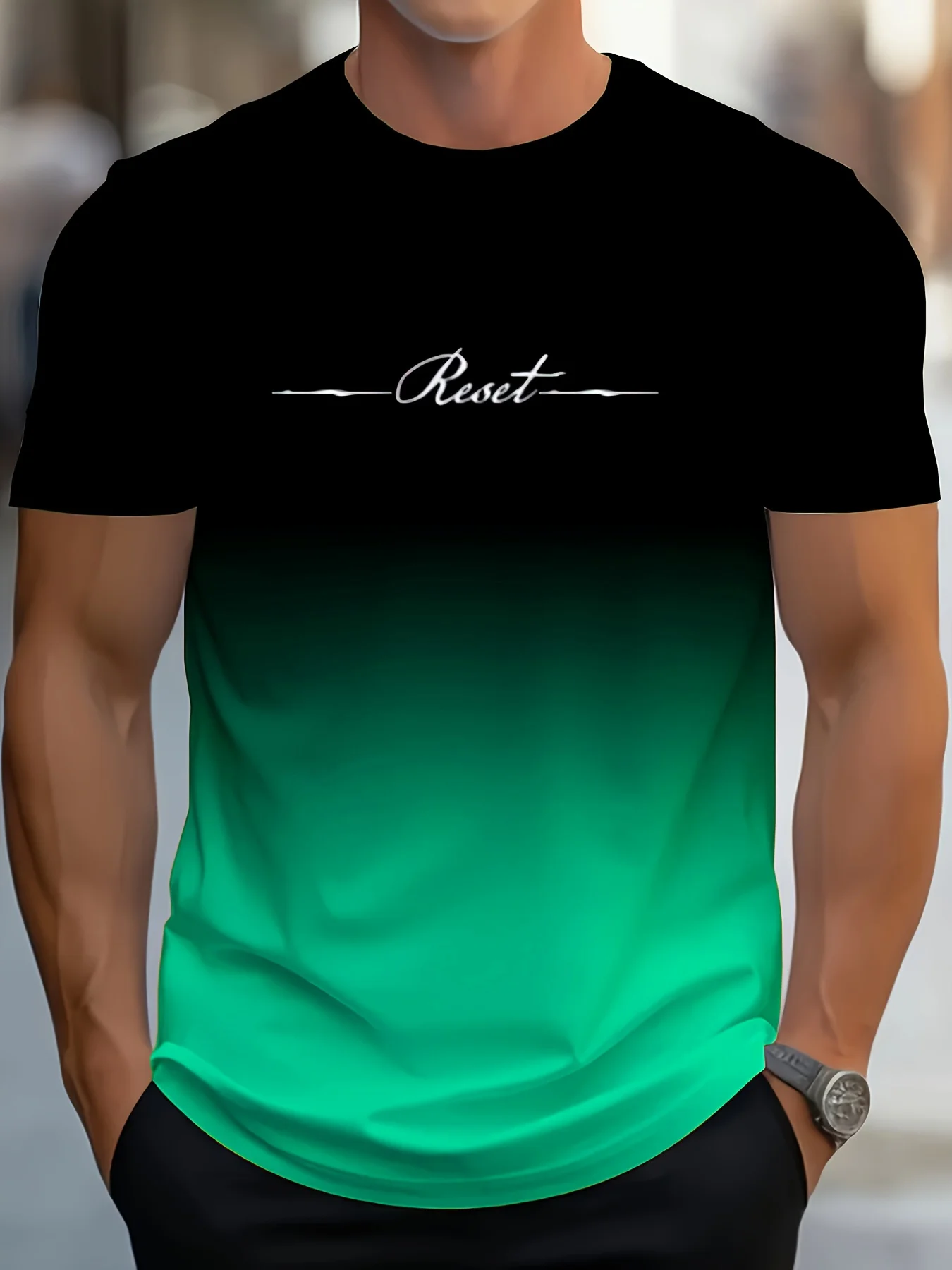 Minimal Reset Script Letter Print T-Shirt for Men, Black Purple Ombre Gradient Short Sleeve Casual Daily Tops