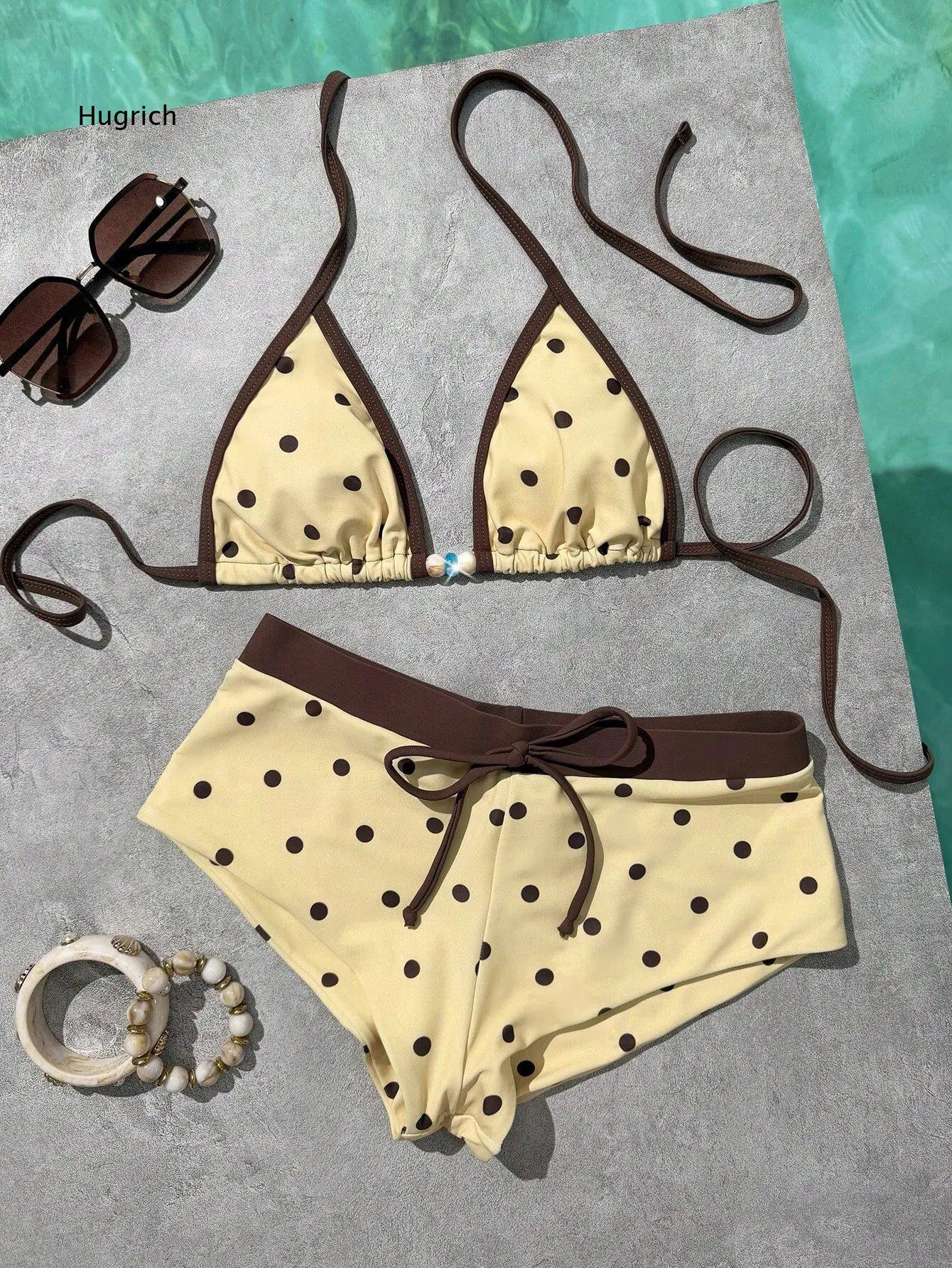Ladies Polka Dot Bikini Bathing Suit Contrast Color Edge Triangle Halter Top Tie Waist Boy Short Swimwear for Outdoor Beach