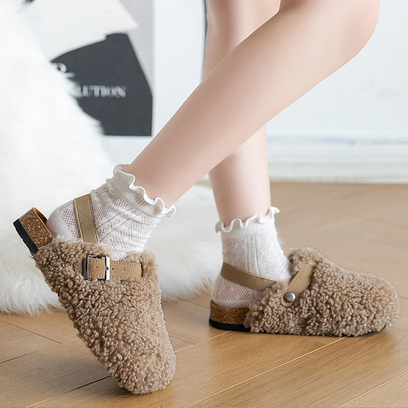 Warm Shearling Birken Clog Sandals For Girls Brand Design Lambswool Mule Slippers Kids Cork Sole Elasic Band Fur Slide Shoes