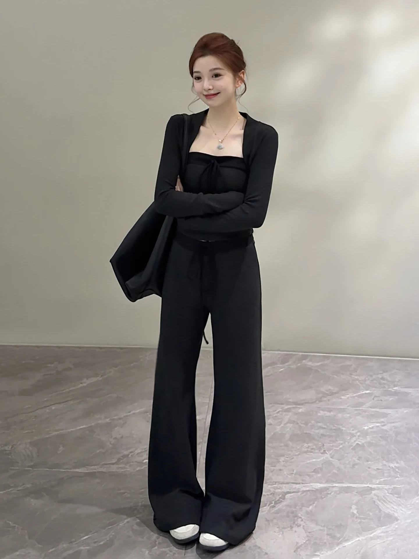 Song Song Autumn New Style Slimming Pure Desire Strapless Open Cardigan Long Pants Casual Three-Piece Set Elegant DT2575