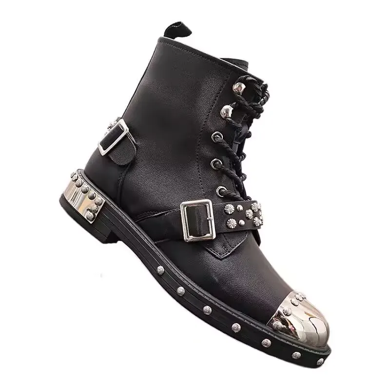 Spring Hot Black Smooth Leather Woman Stud Motorcycle Boots Metal Round Toe Buckles Boots Unisex Punk Style Boots