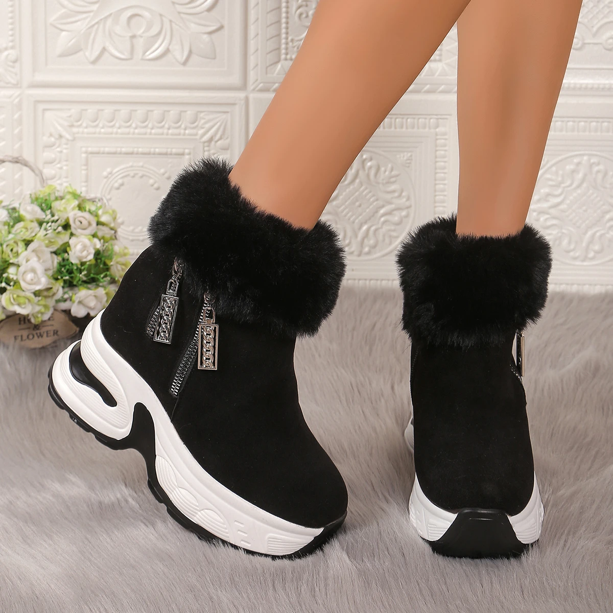 Women Wedge Boots Luxury Plus Plush Warm Snow Boots 2024 Winter New Fuzzing Increasing Sneakers Zipper Women\'s Platform Shoes