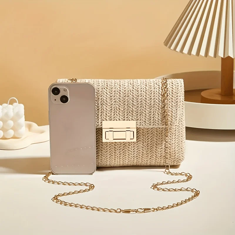 حقيبة كتف نسائية أنيقة من القش المنسوج، حقيبة كروس/حقيبة يد متعددة الوظائف مع بطانة من البوليستر، محفظة عصرية، حقيبة صغيرة لطيفة