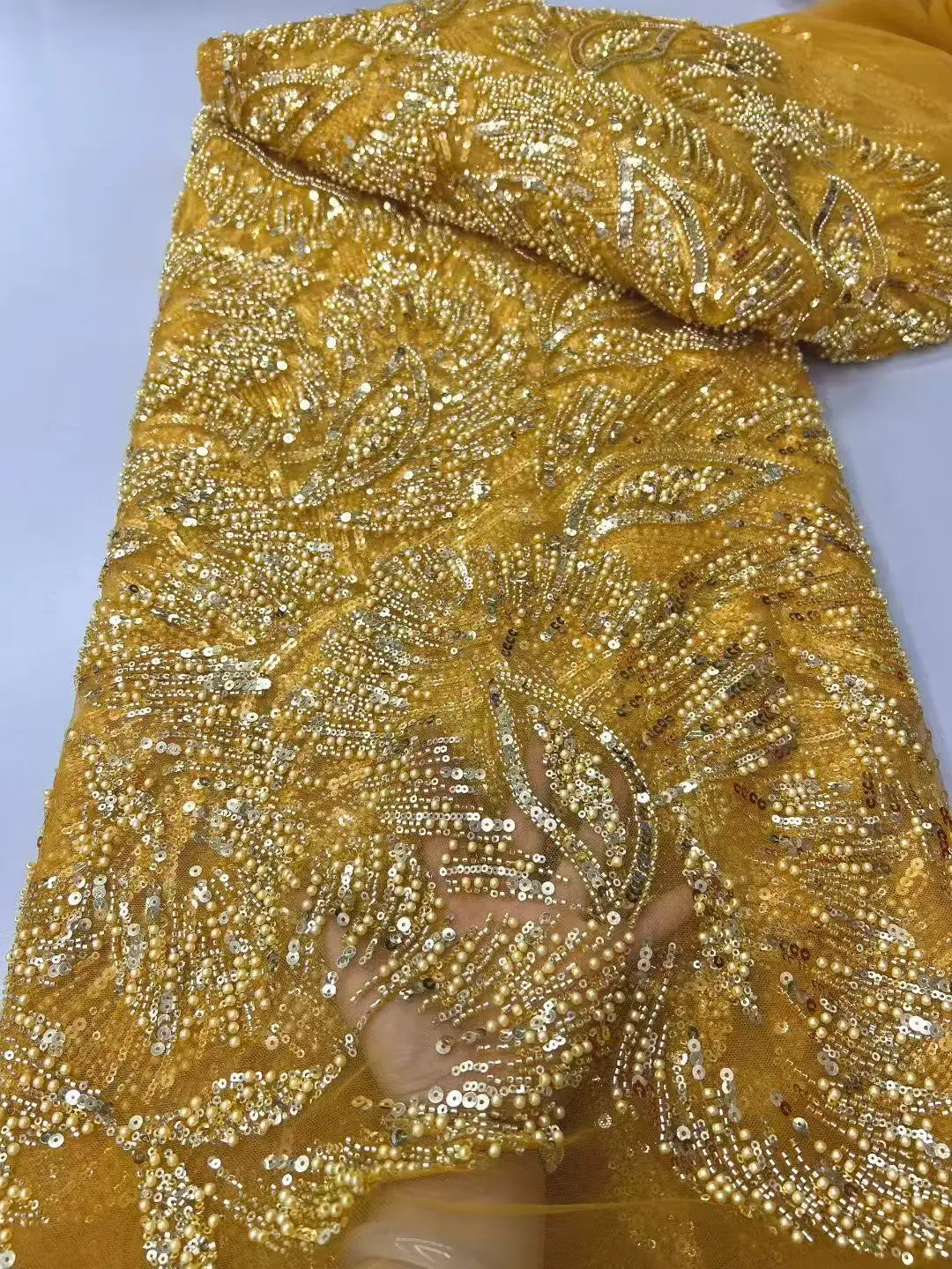 

Latest French Beaded Tulle Lace Fabric High Quality African Net Lace Fabrics With Sequins For Evening Dresses Sewing