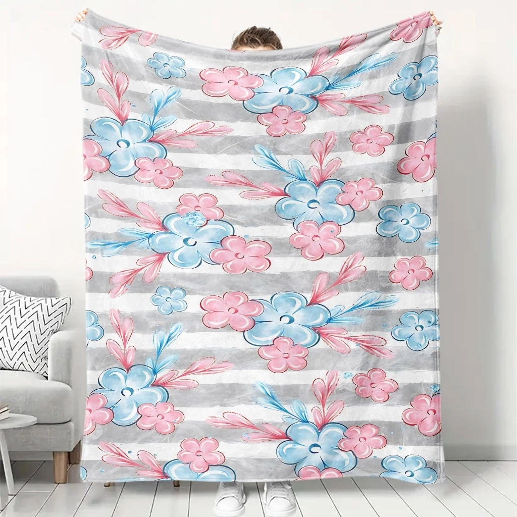 Cute Hand Drawn Pastel Flower Grey Stripe White Base Repeat Pattern Flannel Throw Blanket,Warm Cozy Blanket,Soft Girly Room Gift