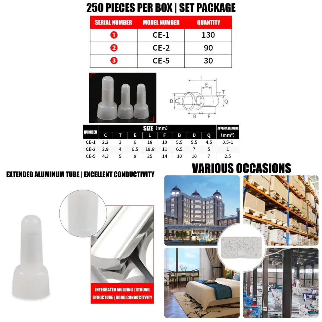  250Pcs/Box Aluminum Alloy Nylon Crimp Caps Crimp Terminal Wire Connectors For Professional And Electrical Projects