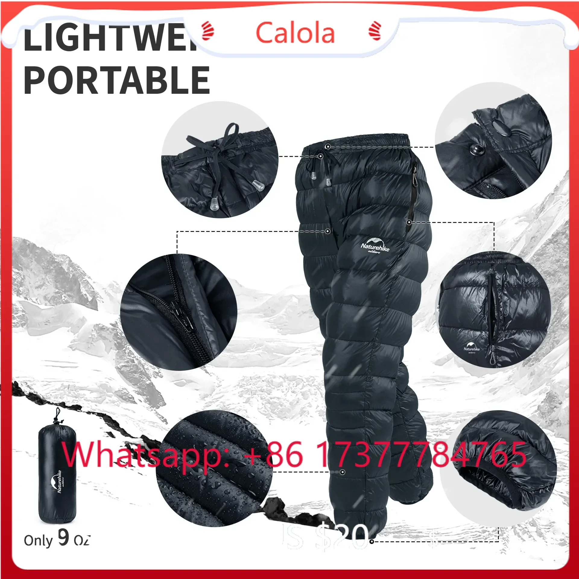 Men Women Goose Down Pants Thick Warm Winter Trousers with Pockets Outdoor Hiking Skiing Camping