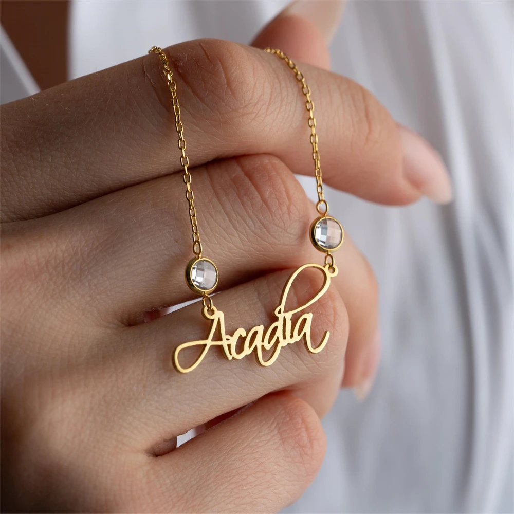 

Custom Birth Stone Name Necklace Personalized Nameplate Double Birthstones Charm Necklaces Women Girl Birthday Gift Boho Jewelry