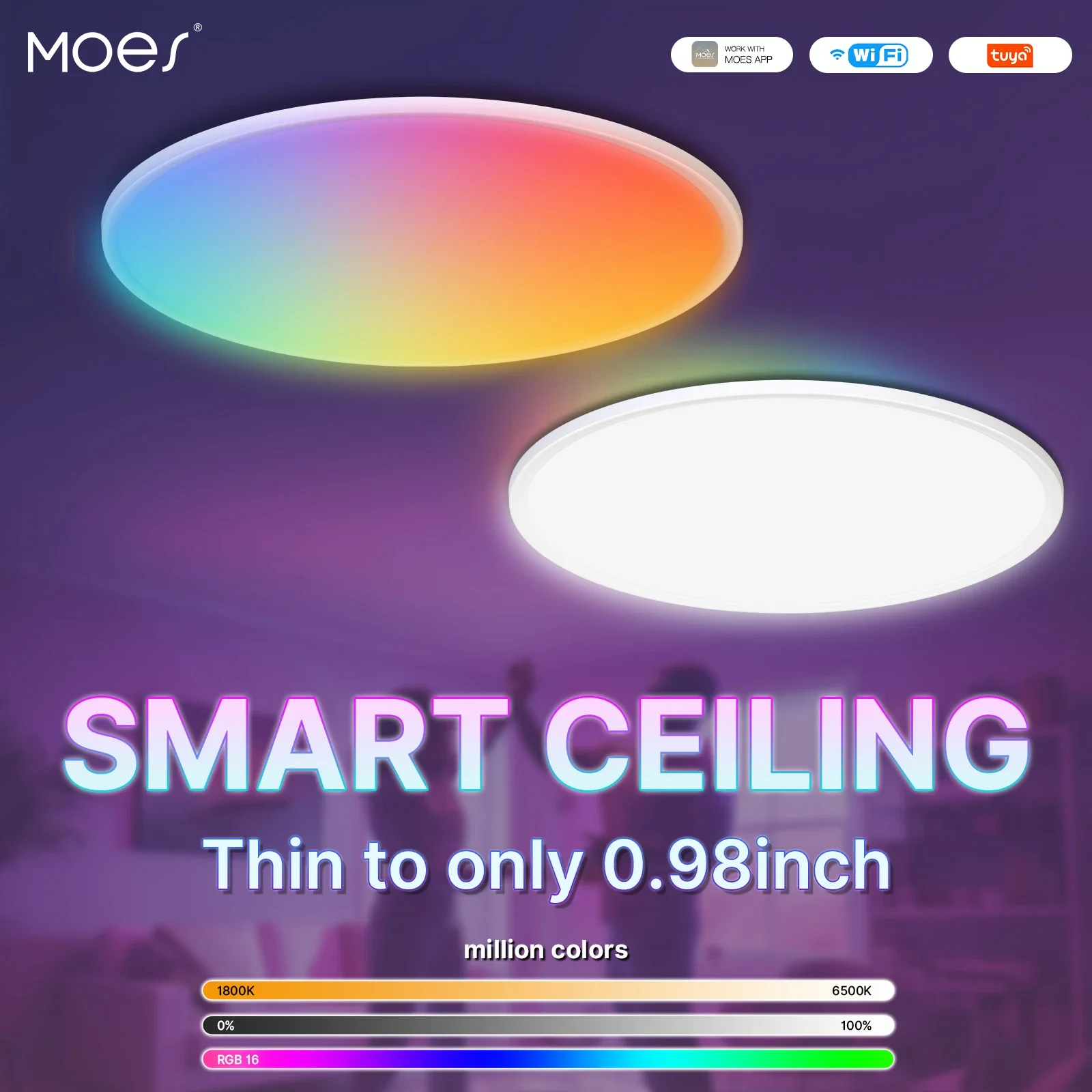 Moes wifi luz de teto inteligente lâmpada led rgb regulável luminária ultrafina de poupança de energia tuya app controle remoto voz google alexa