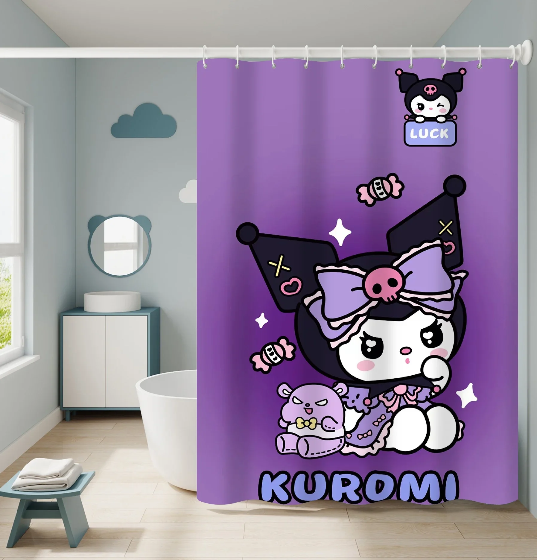 Imagem -02 - Sanrio Kuromi Cartoon Shower Curtain Poliéster Impermeável Cortina do Banheiro com Ganchos Presente Kawaii