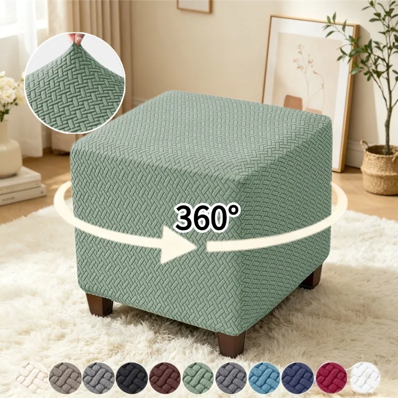 Nordic Square Jacquard Ottoman Covers Durable Footrest Slipcover Elastic All Inclusive Stool Cover Furniture Protector Room Home