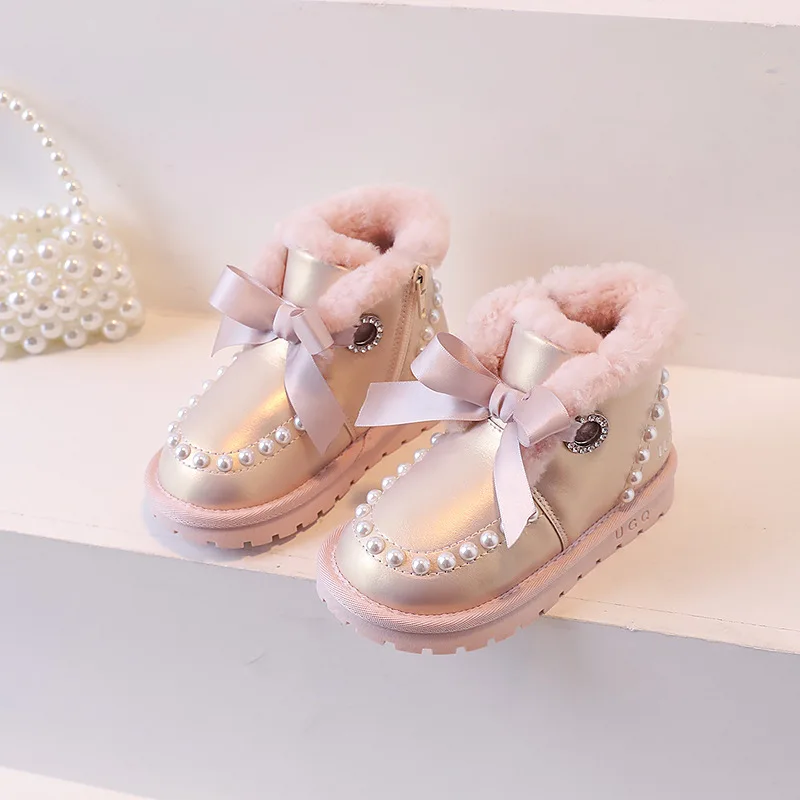 Girls Snow Boots 2023 Winter Toddler Kids Princess Fashion Brand Chelsea Ankle Boots Children Warm Fur Pearls Bowtie Pink Shoes