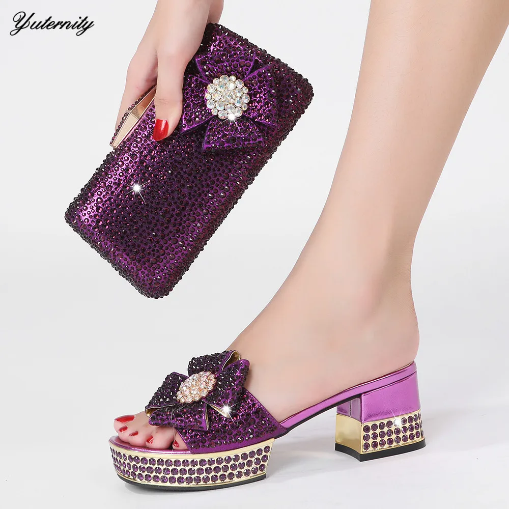 

Italian Fashion Women Wedding Party Shoes And Bags To Match Set African Rhinestone Peep Toe High Heels Shoes And Bag Set