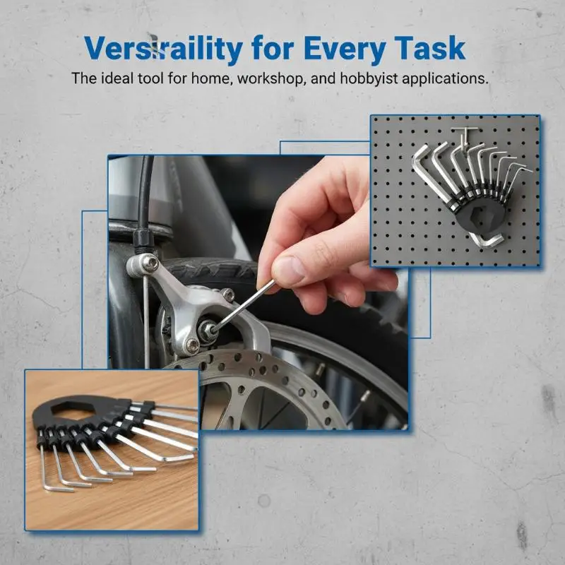 Foldable Metric Hex Key Set 10 Piece Hardened Steel with Storage Ring for Handyman Construction Jobs