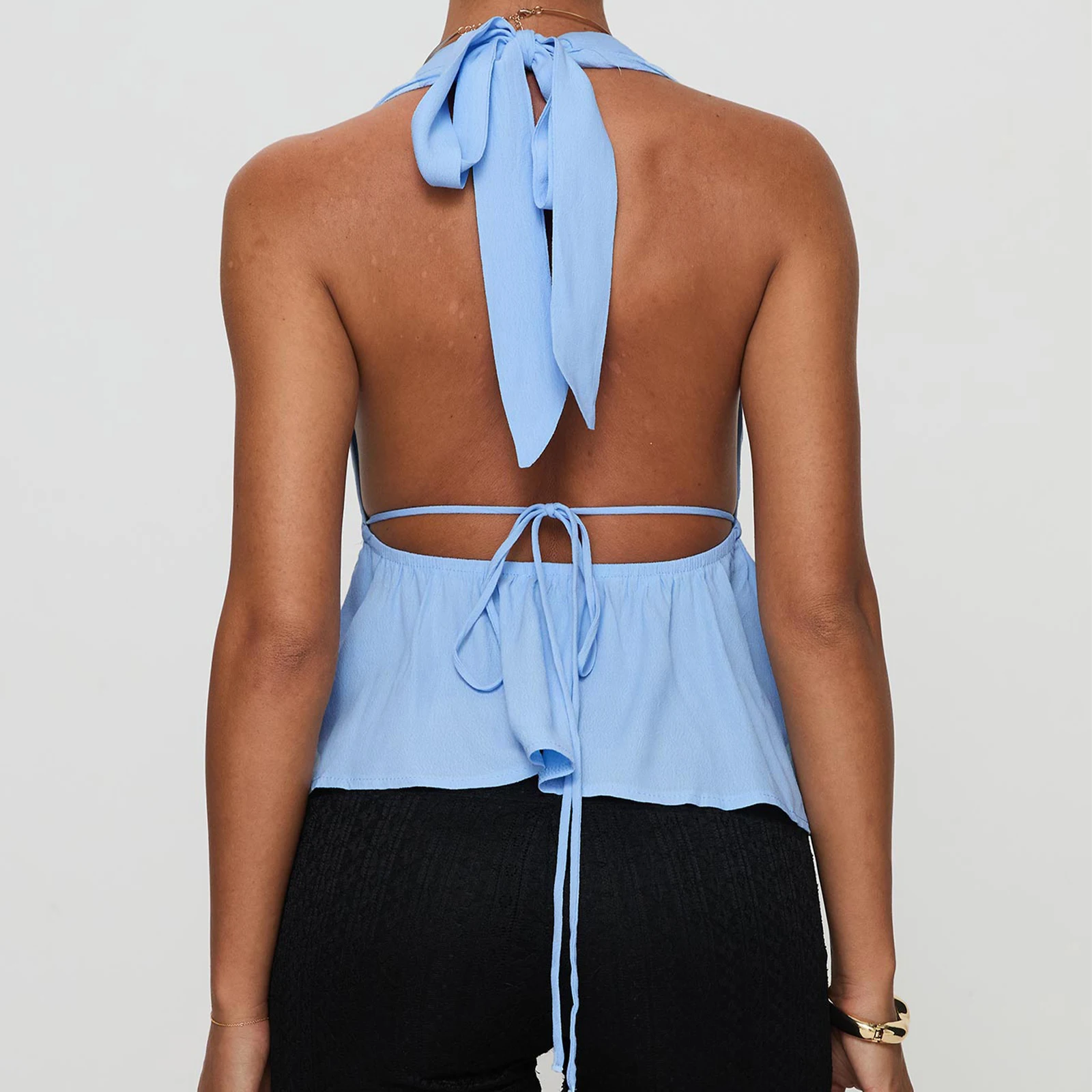 Women Halter Neck Crop Tops Sexy Tie-up Sleeveless Backless Tank Tops Solid Color Summer Vest Female Camisoles for Club Party